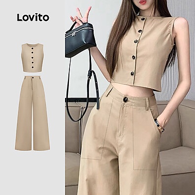 Calças Casuais Lovito com Botão e Bolso para Primavera/Verão