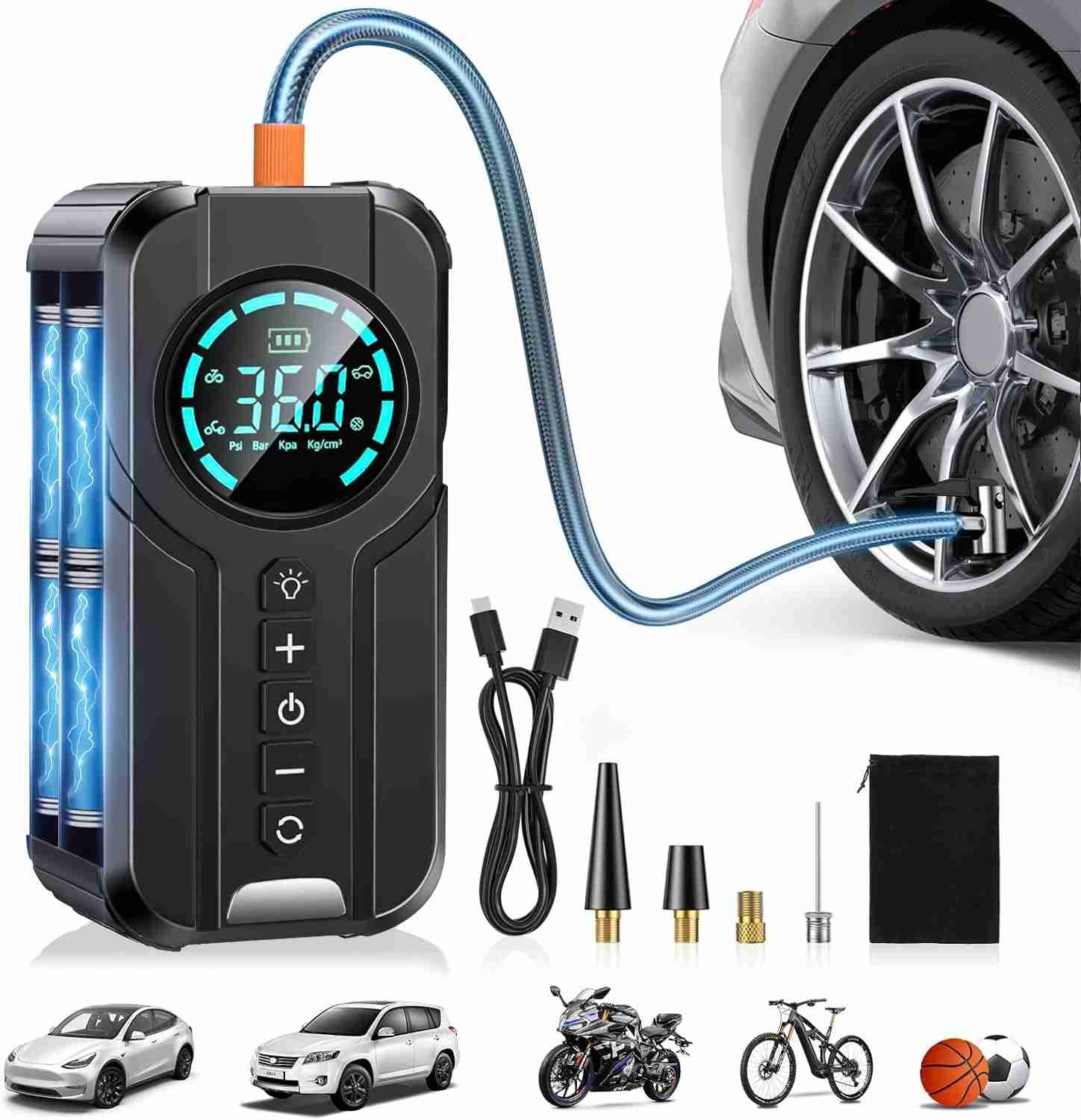 Compressor de Ar Portátil 4 em 1: Calibrador, Bomba e Power Bank com LED SOS