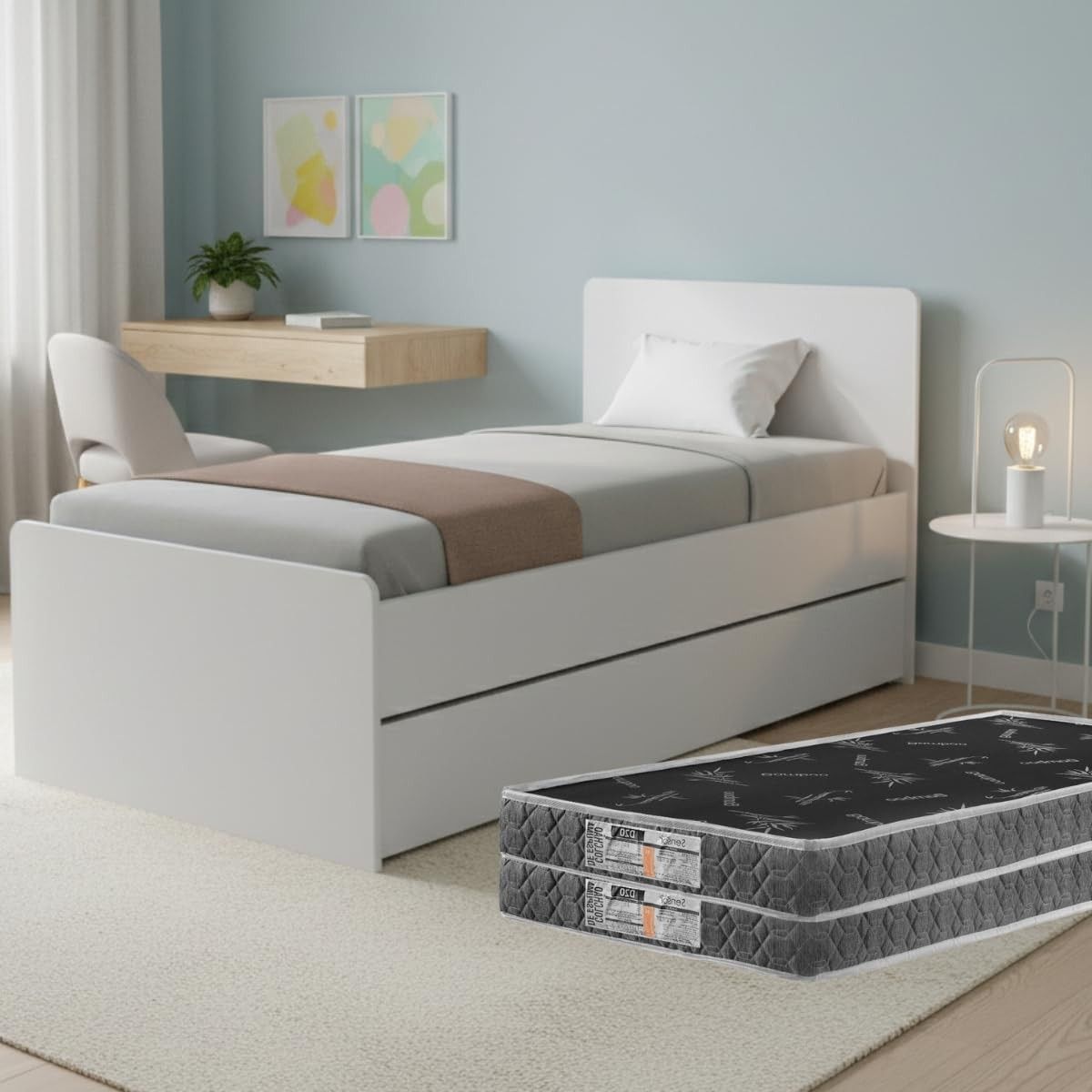 Bicama Solteiro com Cama Auxiliar Deslizante e 2 Colchões D20 - Design Moderno em MDF Reforçado (Branco)