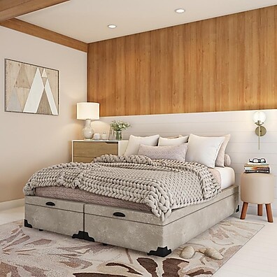 Cama Box Queen com Baú Suede Bege – Maci