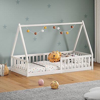 Cama Infantil Montessori Branca com Grade – Segura e Estilosa