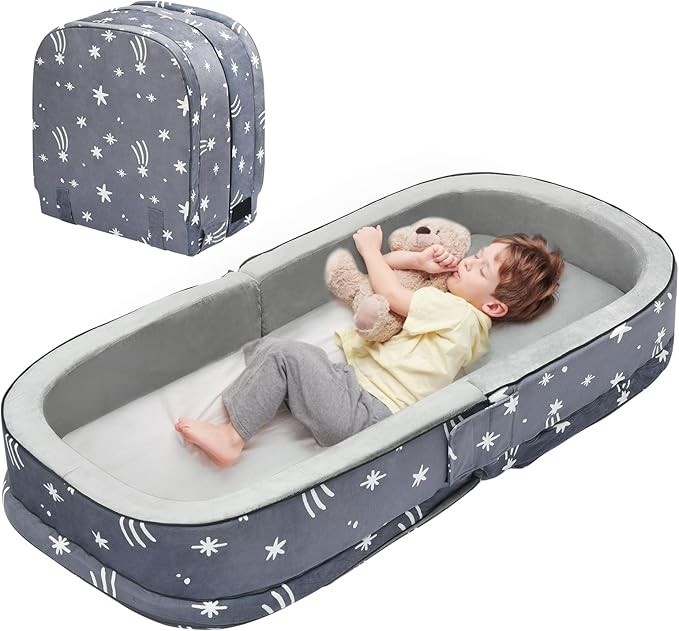 Lvemilio Lvimilio Cama de Viagem Portátil para Crianças Pequenas, Cama de Chão Dobrável para Crianças para Casa/Viagem com Colchões de Espuma, Berço para Crianças de 1 A 4 Anos, Tecido de Veludo