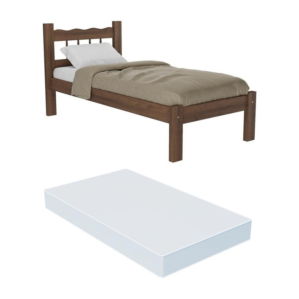 Cama Solteiro Madeira Maciça + Colchão: Conforto Imbuia