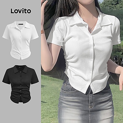 Camisa Casual Lovito com Botões Franzidos - Estilo Verão/Primavera Feminina