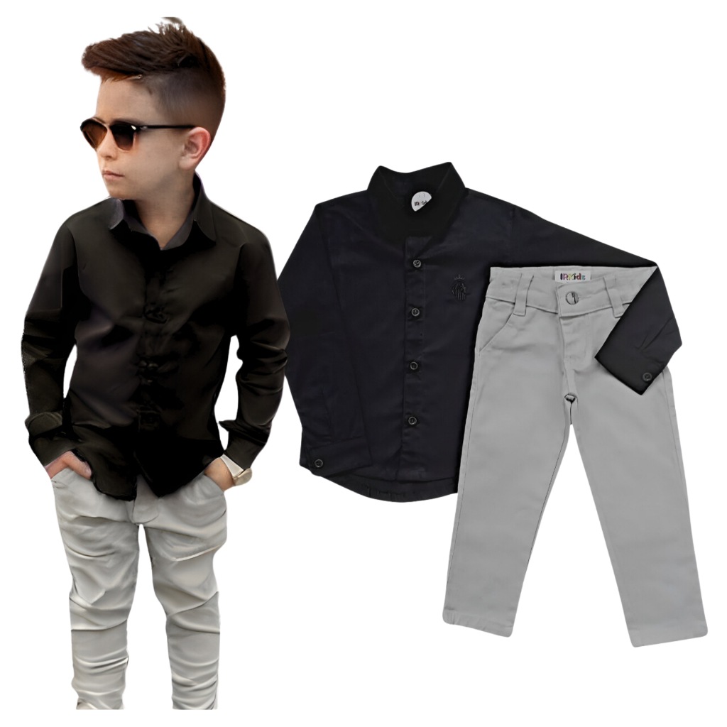 Camisa e Calça Social Infantil Masculina Preto e Bege – Estilo e Conforto para Eventos