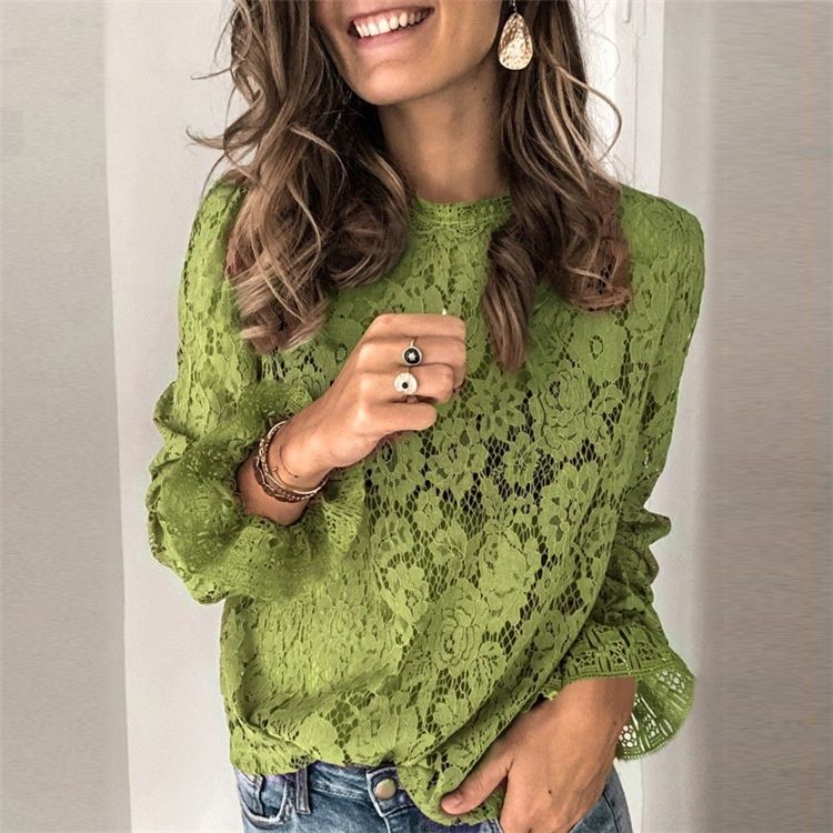 Camisa Feminina de Renda com Manga Trompete 2023 – Estilo Casual e Conforto