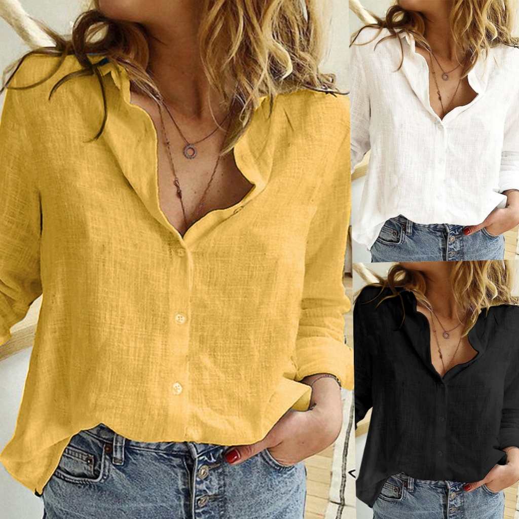 Camisa Feminina Linho Solta Manga Longa Casual com Botões