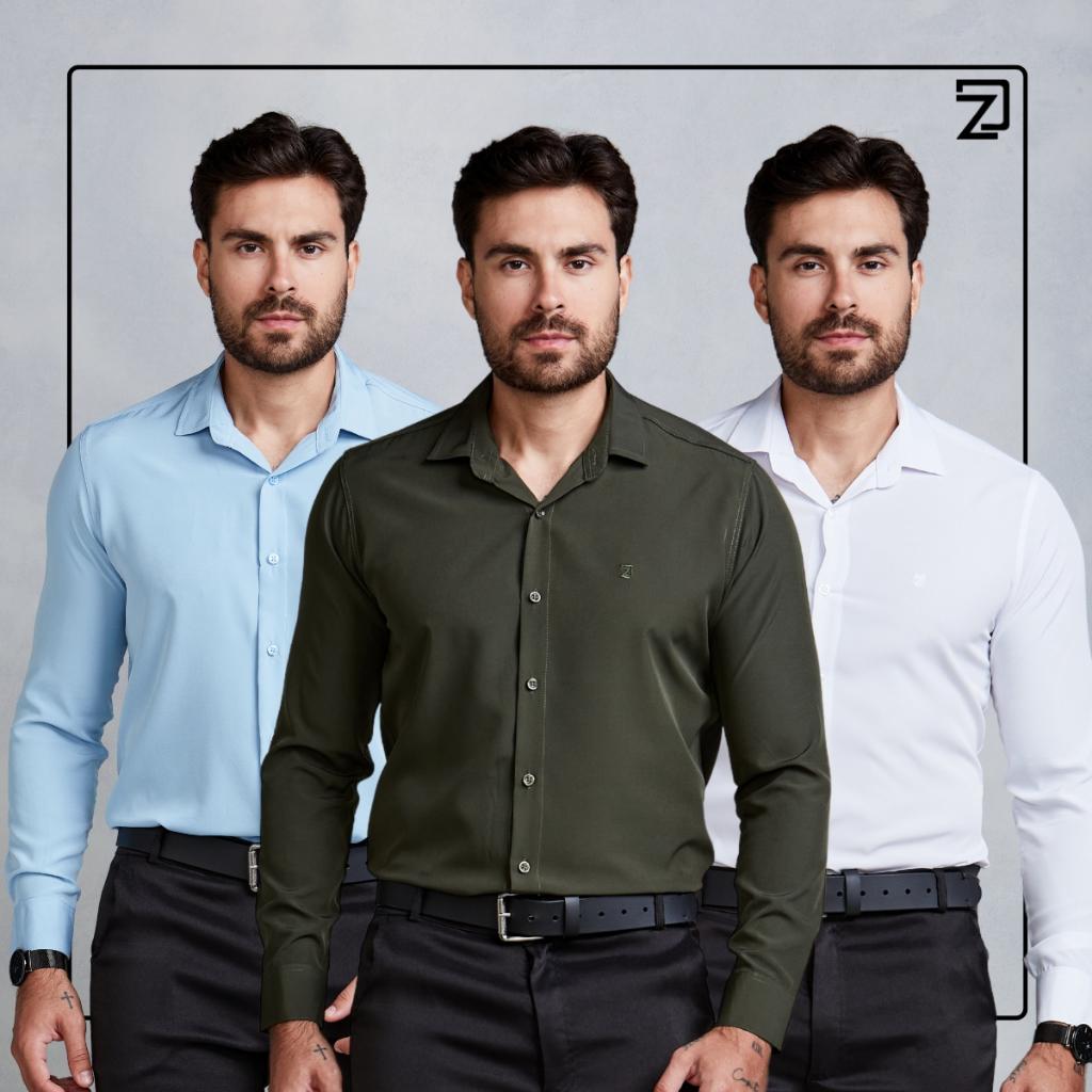Camisas Sociais Slim Fit: Kit 3 Spandex Premium