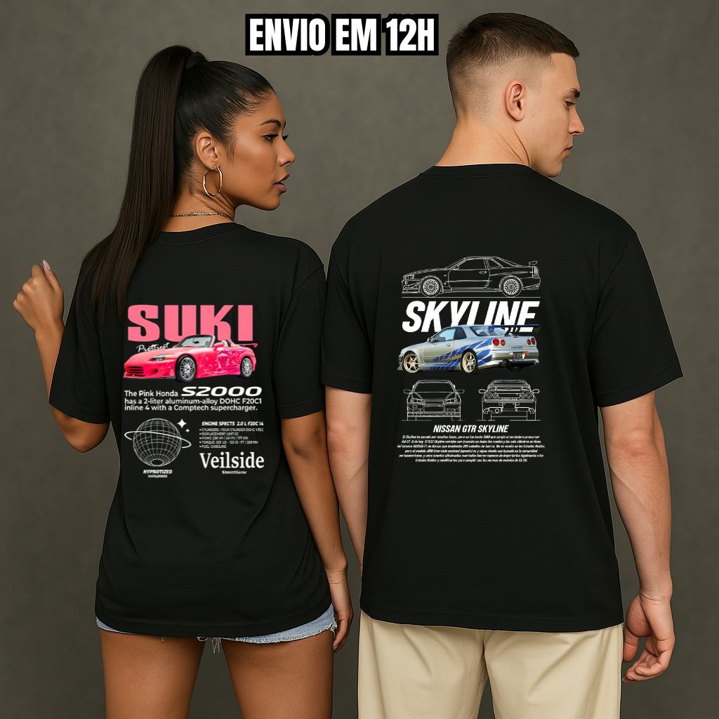 Camiseta Casal Velozes e Furiosos 100% Algodão – Estampas Skyline e Suki