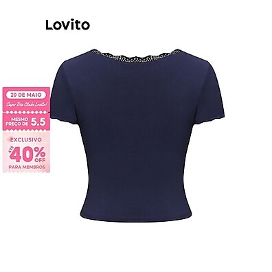 Camiseta Casual de Verão Lovito com Babados e Gola Colorblock
