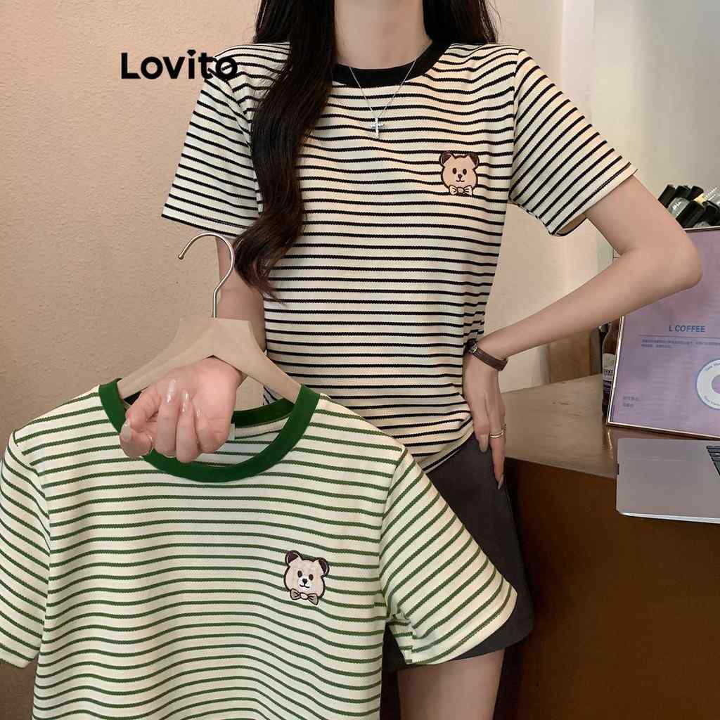 Camiseta Casual Listrada Colorblock Bordada Lovito - Estilo Moderno