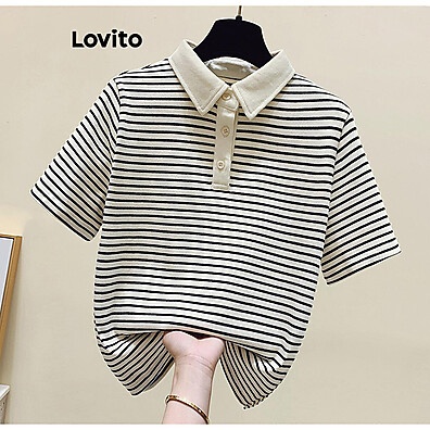Camiseta Listrada com Botão Frontal e Gola Colorblock – Estilo Casual Feminino