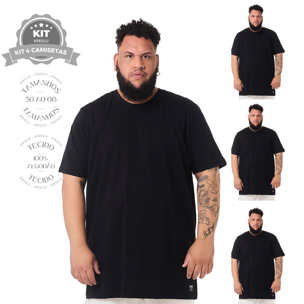 Camisetas Básicas Pretas Knulu: Kit 4 Algodão Premium