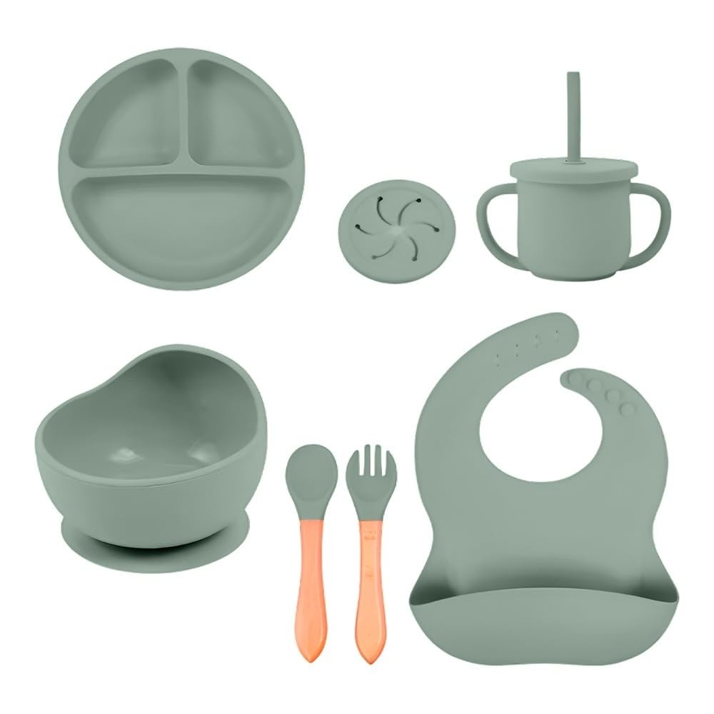 Combo Silicone Life NT-28 Alimentação Infantil Verde - Prato, Tigela, Caneca com Canudo e Talheres