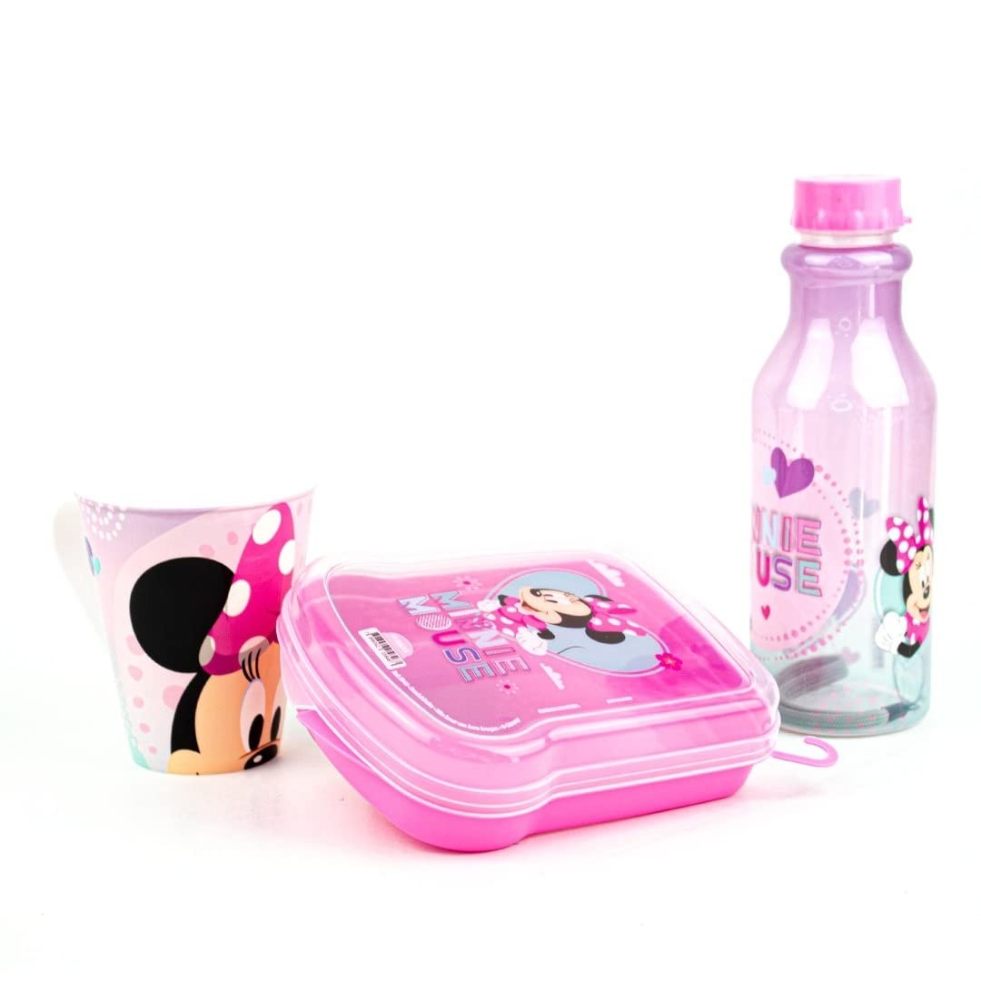 Kit Infantil Minnie Rosa: Garrafinha 500ml + Caneca 360ml + Sanduicheira Plasútil Retrô