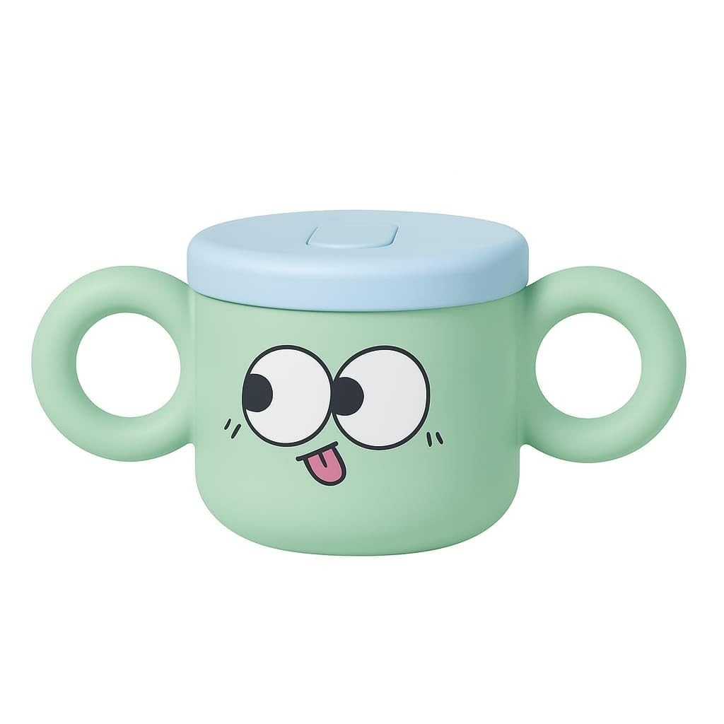 Caneca Infantil 250ml com Tampa Antivazamento e Canudo - Design Kawaii Verde Menta