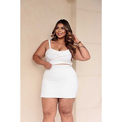 Conjunto Plus Size: Short Saia e Cropped Canelado