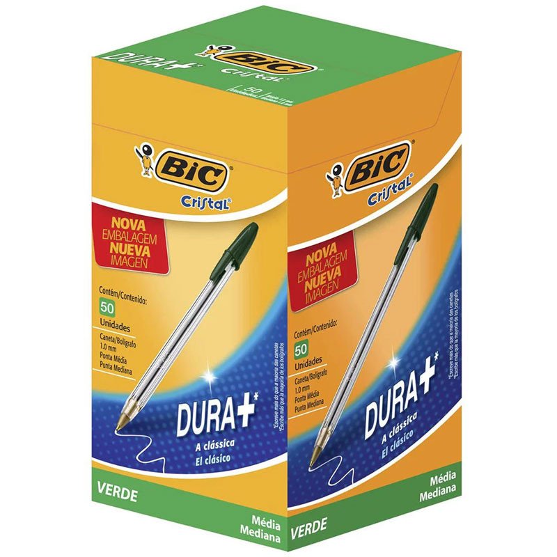 Caneta Bic Cristal 1.0mm Verde: Kit 50 Unidades