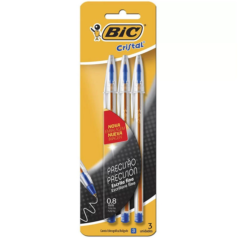 Caneta Bic Cristal Fina 0.8mm Azul: Kit com 3