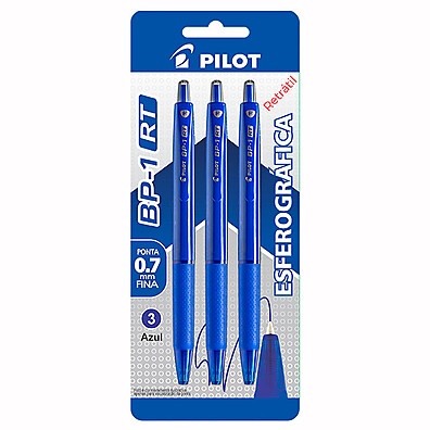 Caneta Esferográfica Pilot BP-1RT 0.7mm Azul – 3 Unidades