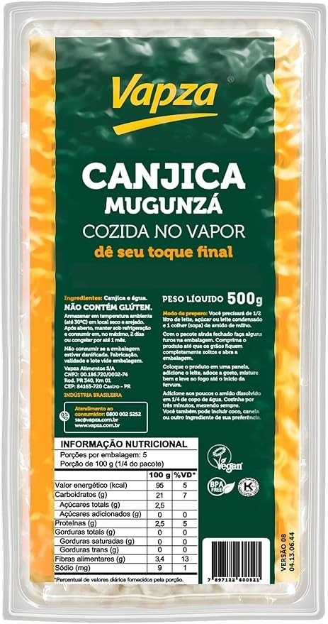 Canjica Cozida no Vapor 500G Vapza Peso líquido 500g