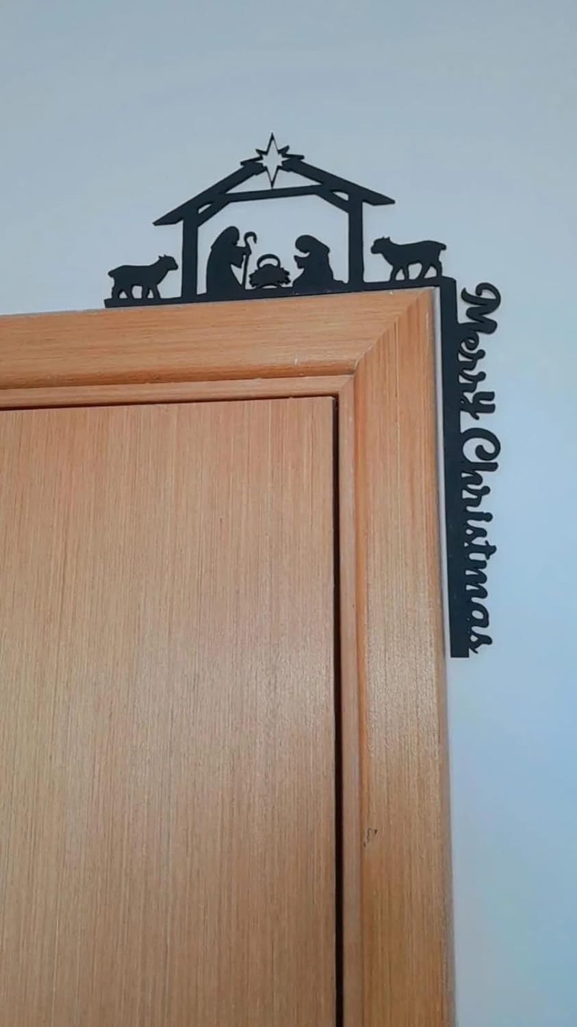Enfeite Decorativo Canto de Porta Presépio de Natal com Letreiro Merry Christmas em MDF 3mm