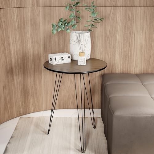 Mesinha Lateral de Canto Redonda com Pé Tripé de Ferro - Design Moderno em Freijó