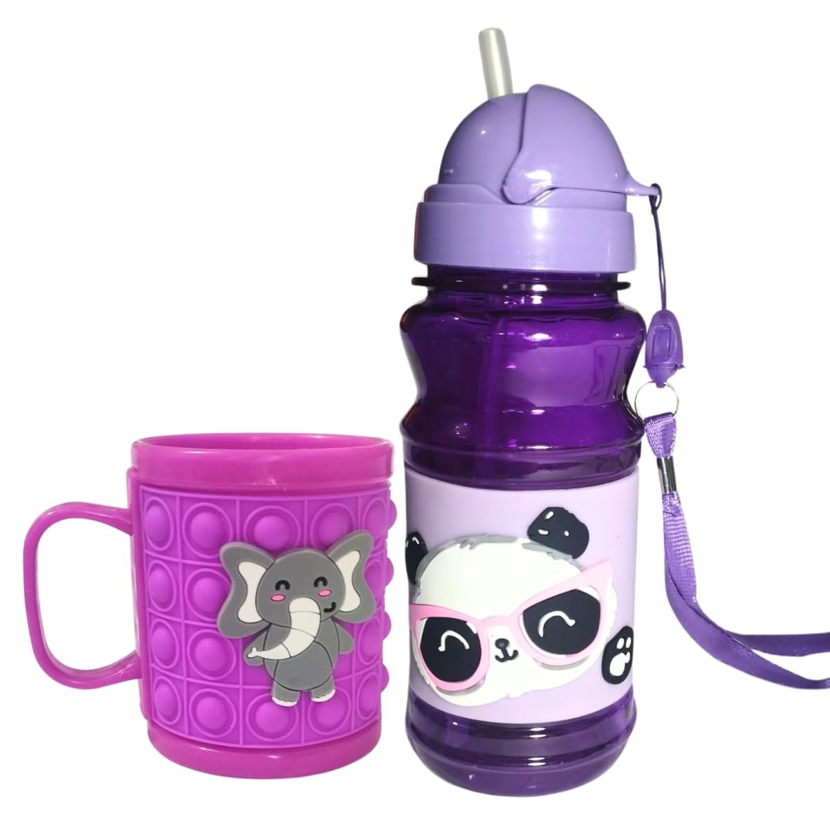 Kit Escolar Lilás com Garrafa e Caneca 3D Infantil Emborrachada com Canudo de Silicone