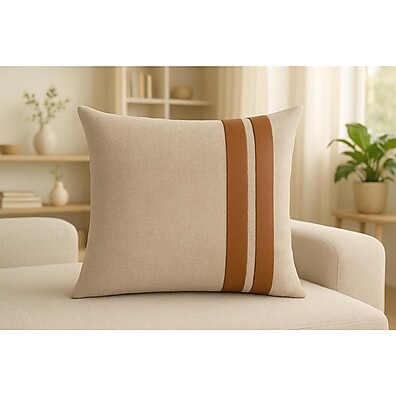 Capa de Almofada 2 Faixas Linho com Couro Caramelo 45x45cm