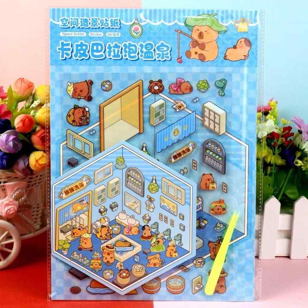 Adesivo 3D Decorativo Capivara Azul Sauna - Cenas Isométricas Kawaii para Personalização