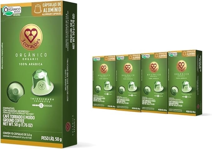 3 Corações Pack Cápsulas de Café Orgânico, Compatíveis com Nespresso, contém 40 un