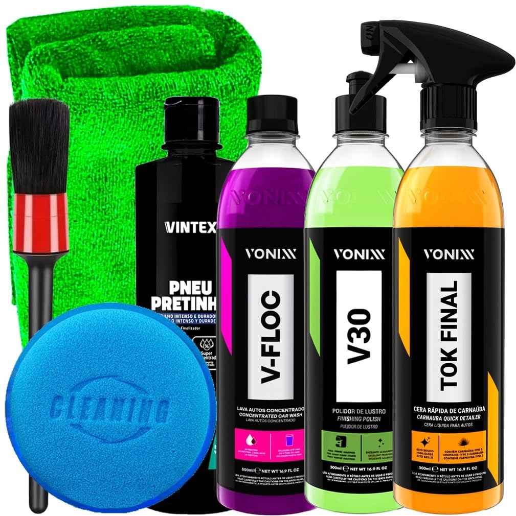 Kit Completo Vonixx & Karbox: Carnaúba Spray, Polidor V30, Shampoo V-Floc e Pretinho para um Carro Impecável