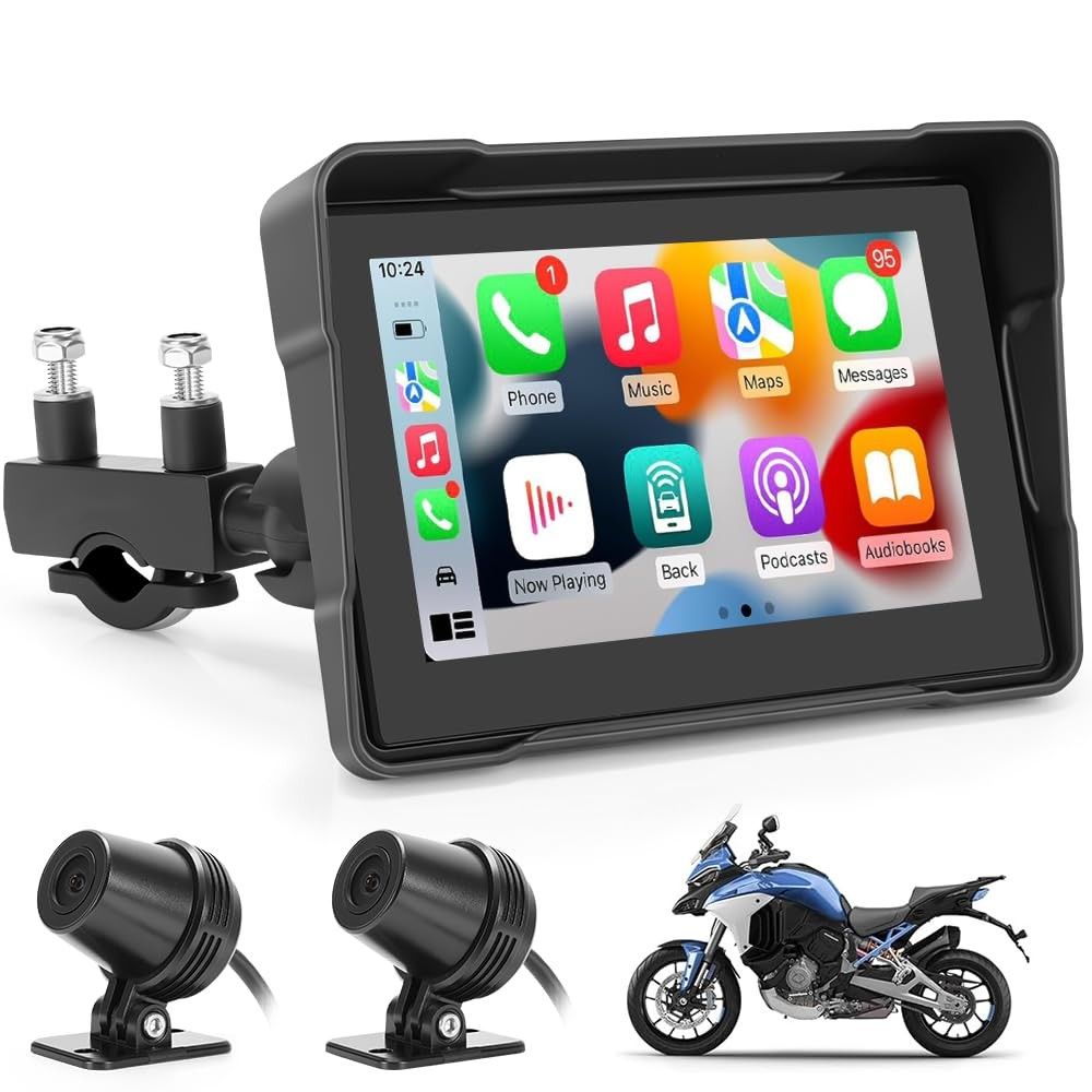 Multimídia para Moto com 2 Câmeras 1080P IPS 5'' - Carplay & Android Auto Sem Fio