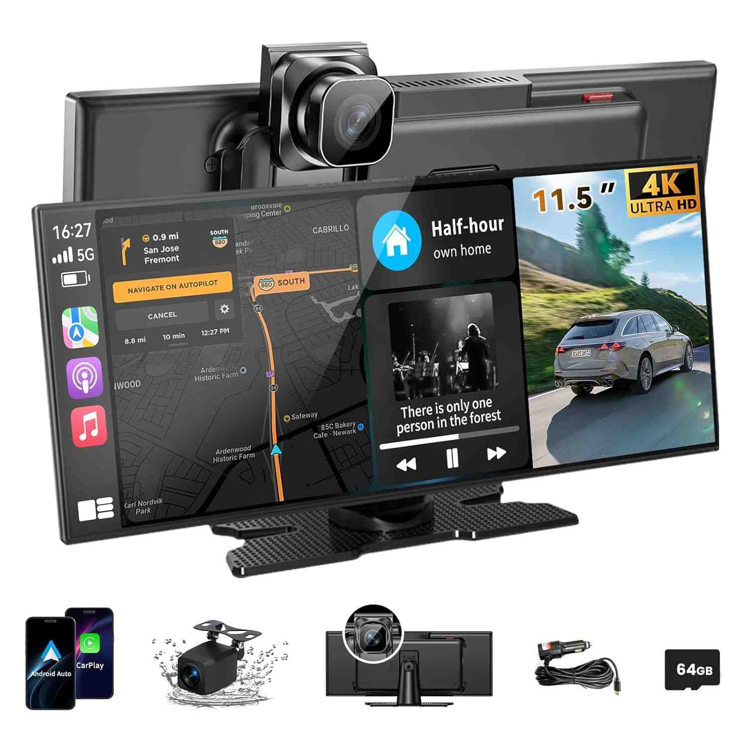 Tela CarPlay Sem Fio 11.5" HD - A Maior do Mercado com Android Auto, Câmera 4K e Mais!