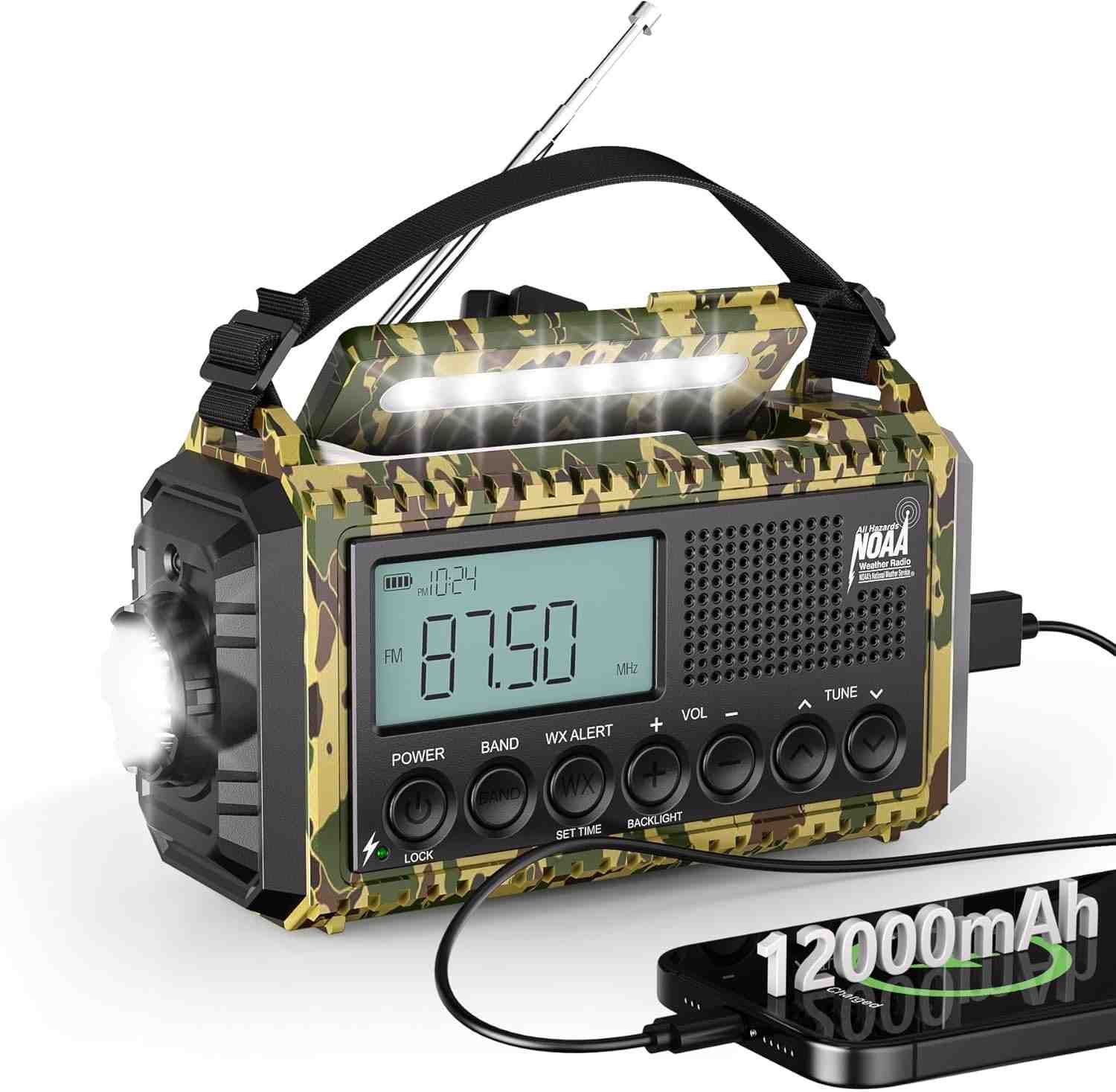 Rádio de Emergência Solar 12000mAh: Alerta NOAA, Lanterna, Carregador e SOS - Essencial para sua Segurança