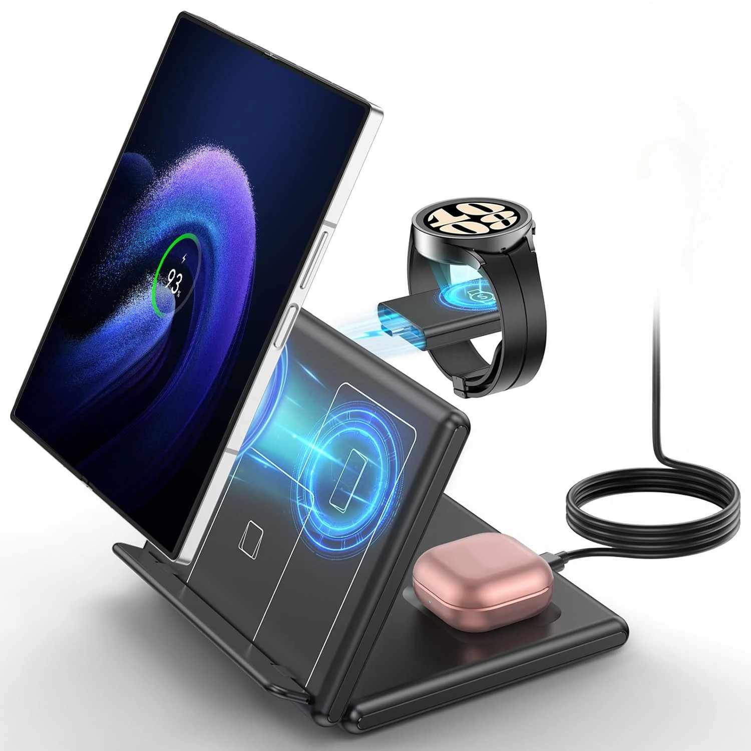 Carregador 3 em 1 Dobrável: Wireless para Galaxy S24 e +