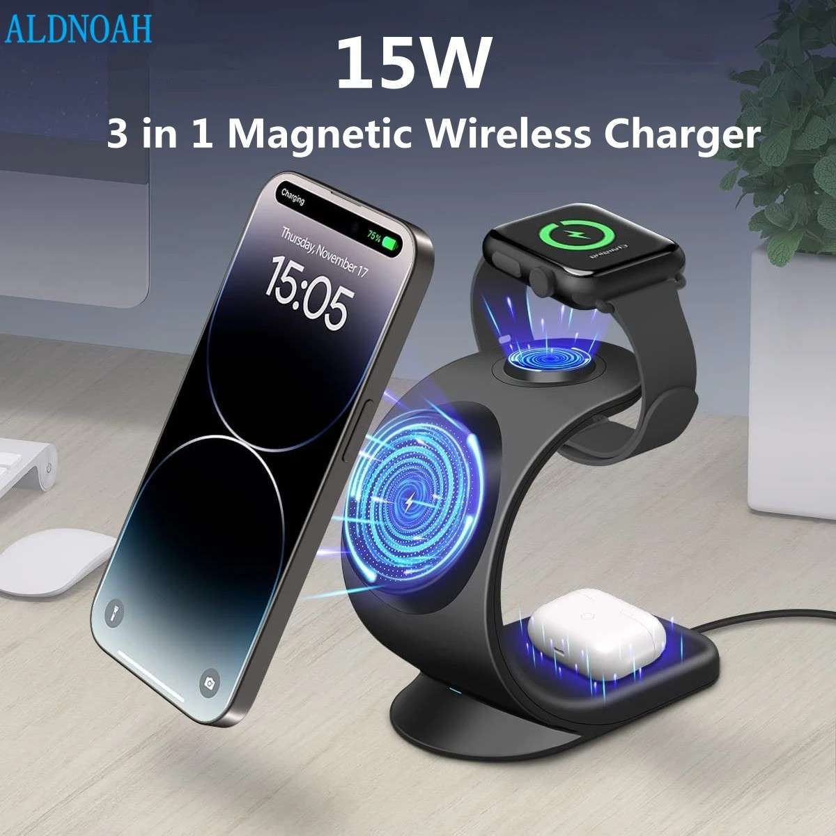 Carregador 3 em 1 Magnético 15W: iPhone + Apple Watch + AirPods