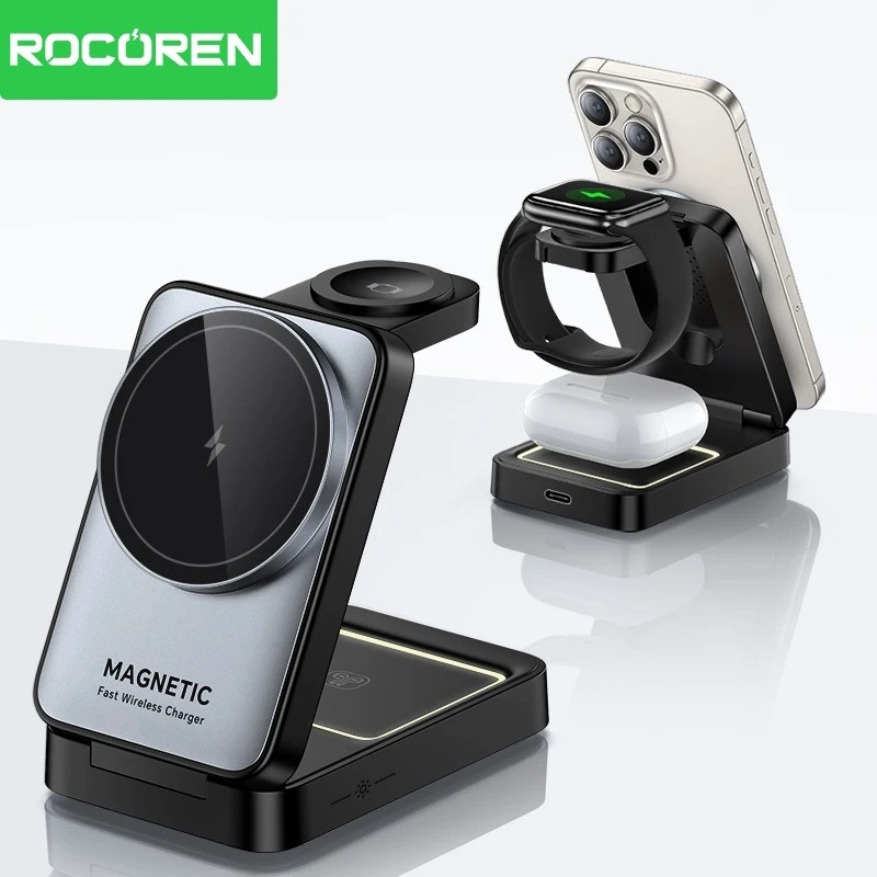 Carregador 3 em 1 Rocoren: Wireless, Magnético e Portátil