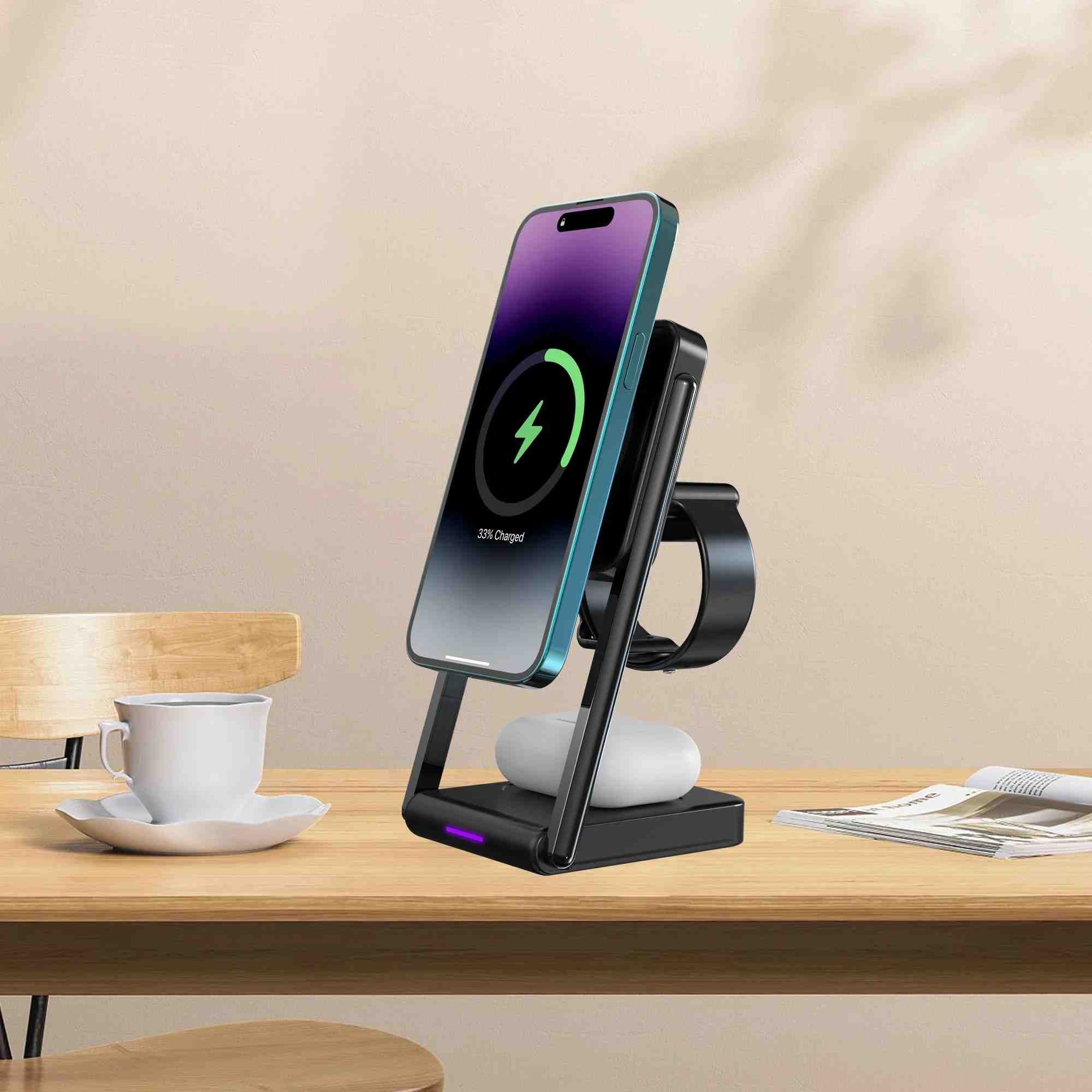 Carregador 3 em 1 Sem Fio: iWatch, AirPods e Celular