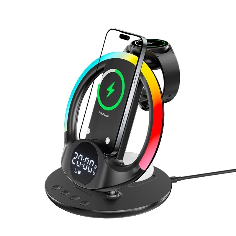 Carregador 3 em 1 Sem Fio RGB: Celular, Relógio e Fone!