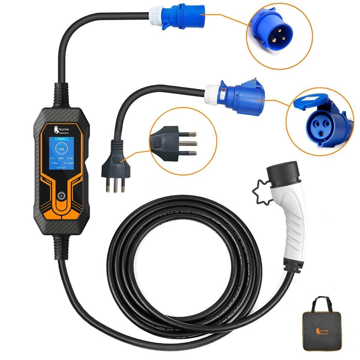 Carregador Portátil EV Feyree 3.5KW-7KW Tipo 2 5M - Carregamento Rápido e Seguro para Carros Elétricos e Híbridos no Brasil