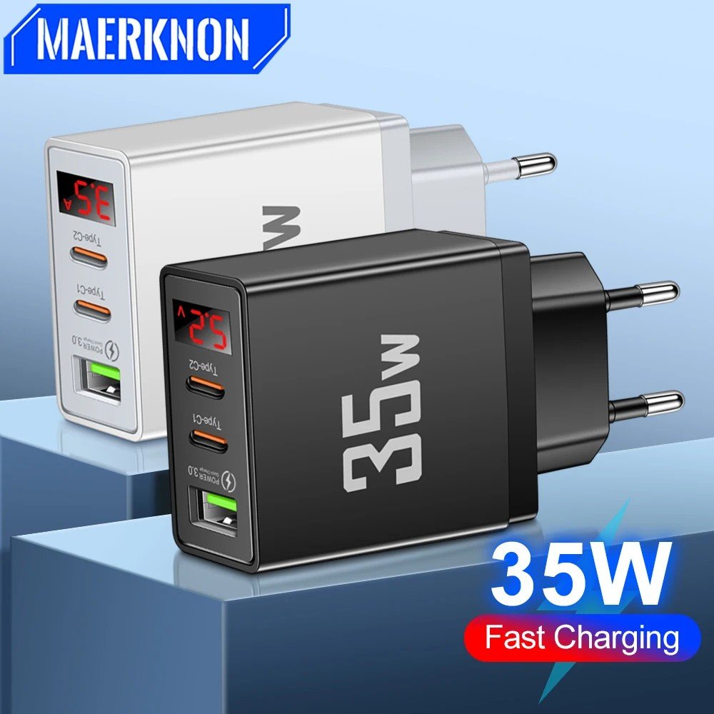 Carregador 35W USB-C: Carga Rápida e Display Digital
