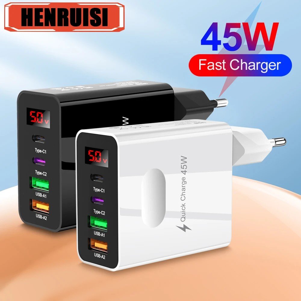 Carregador 45W USB PD: 4 Portas e Display Digital