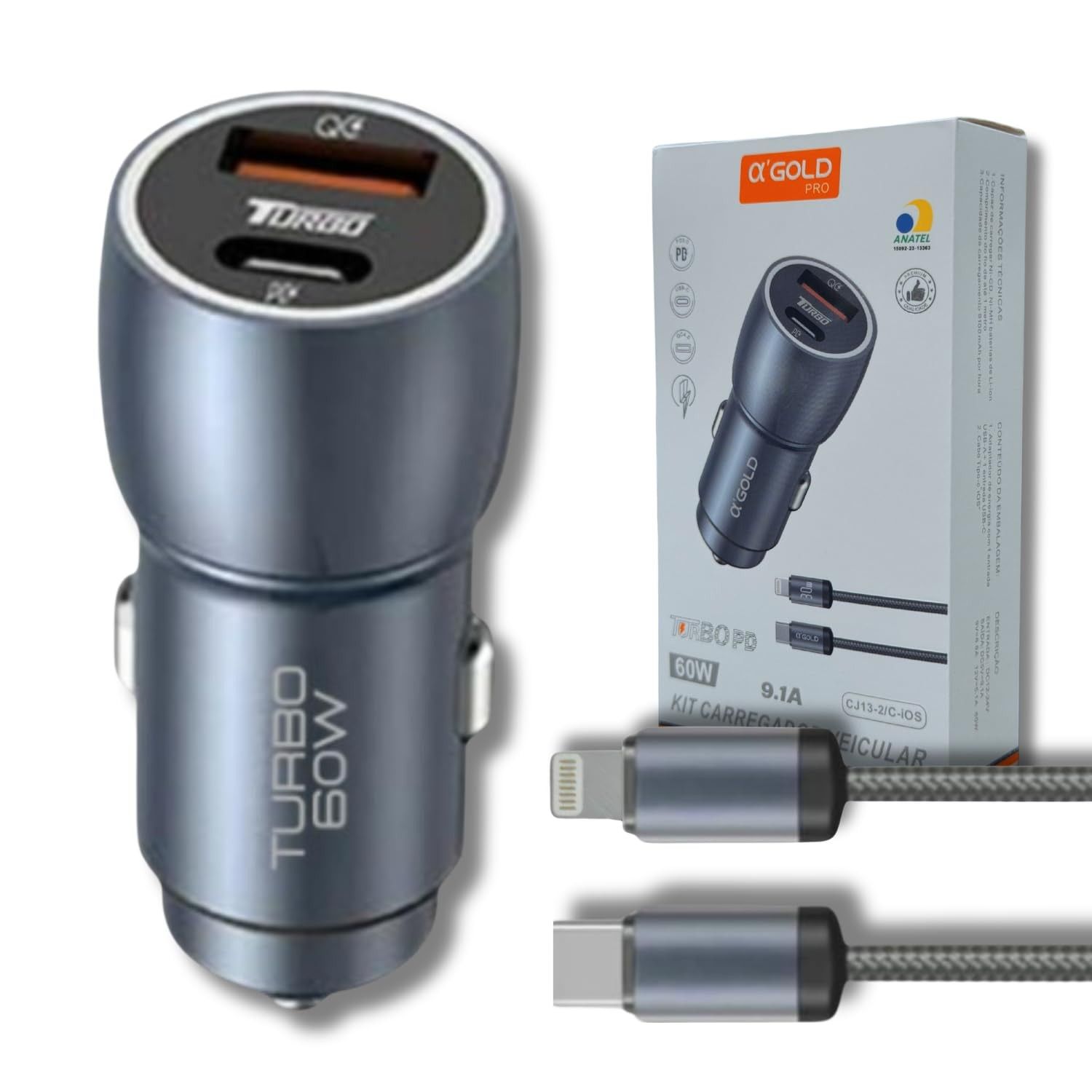 Carregador Veicular Turbo 60W Pro: Kit Completo com Cabo USB-C e Duas Portas USB 3.0 | Carregamento Rápido 9.1A Fast Charge para Carro e Automotivo Compatível com iOS - Premium Cinza