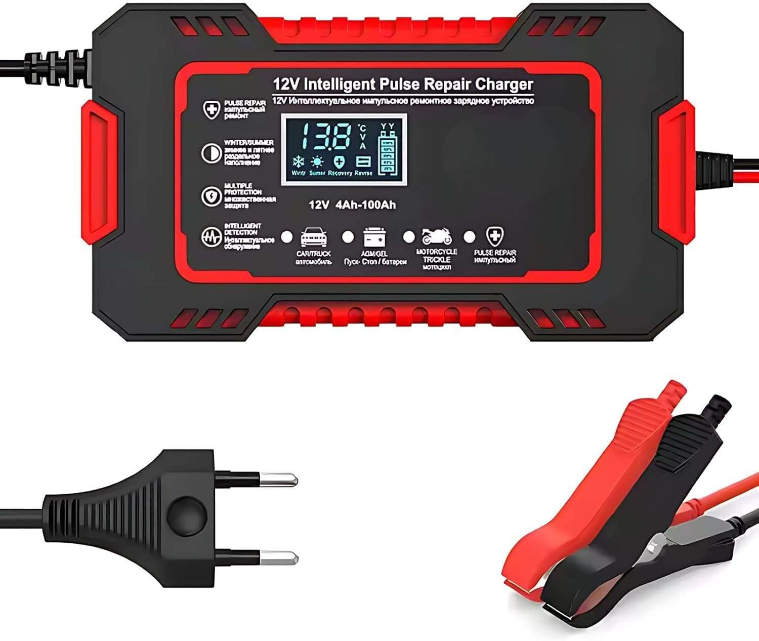 Carregador de Bateria Inteligente 12V Bivolt com Display LCD - Carro, Moto e Caminhão