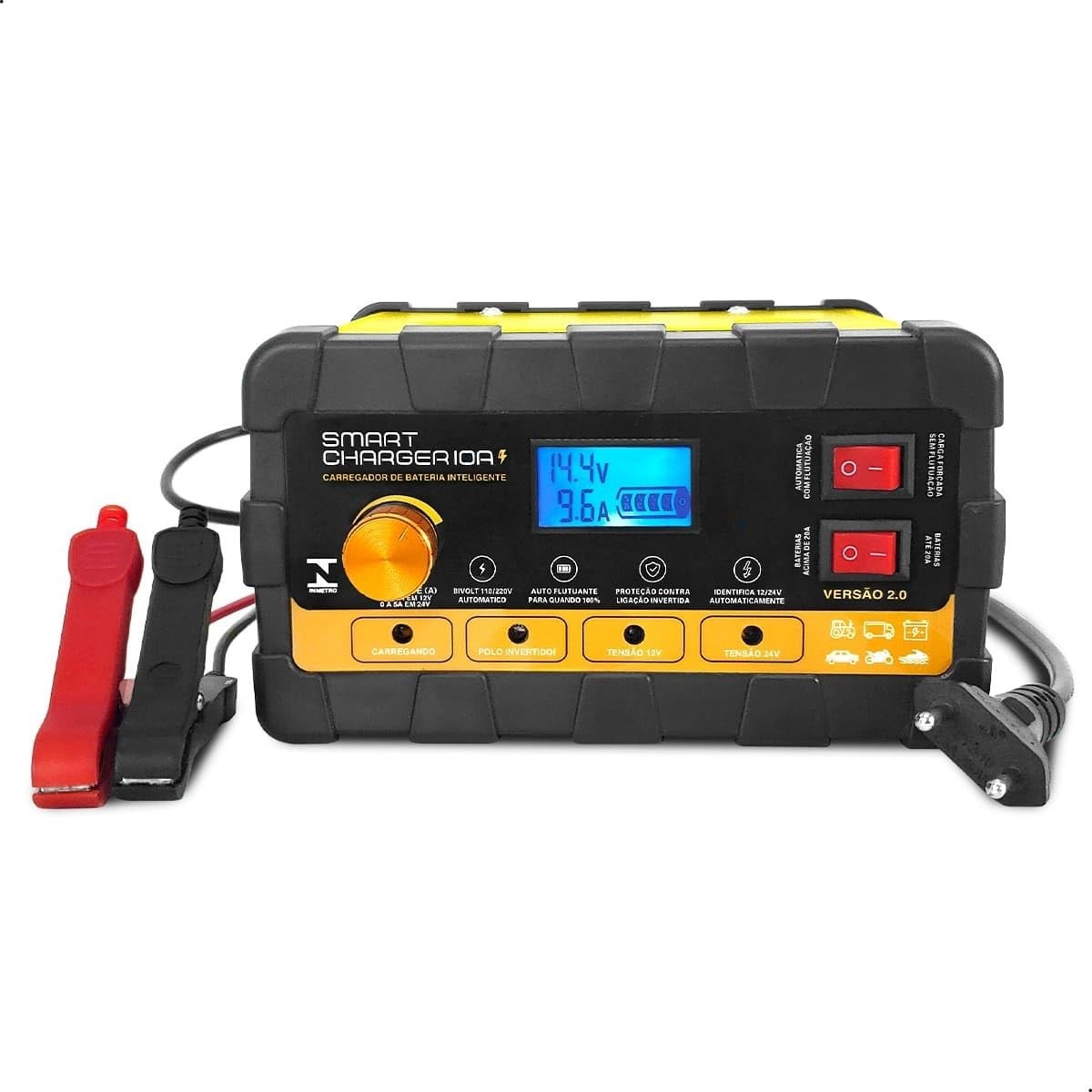 Carregador de Bateria Automotivo Smart Charger 10A Digital - 12V/24V com Voltímetro e Amperímetro