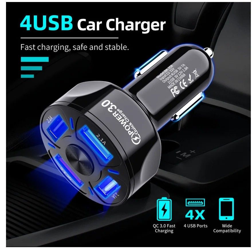 Carregador de Carro 35W: 4 Portas USB e Carga Rápida