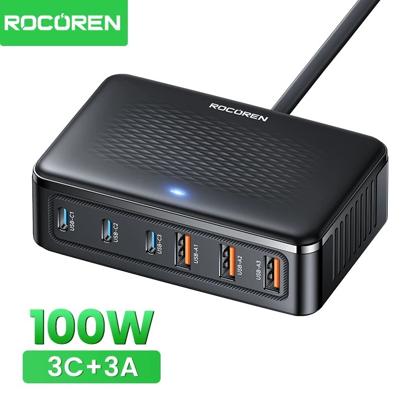 Carregador GaN 100W Rocoren: 6 Portas, Turbo!