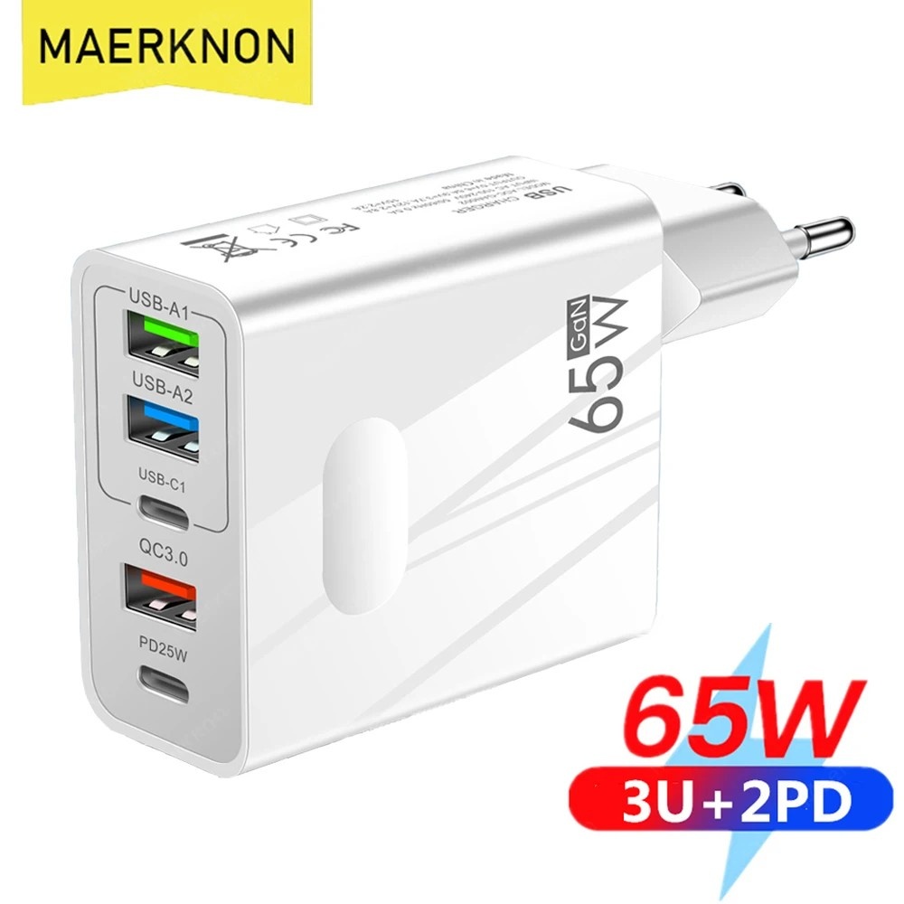 Carregador GaN 65W: 5 Portas, Turbo e Universal!