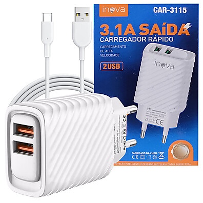 Carregador Inova 2 USB com Cabo – Rápido e Versátil!